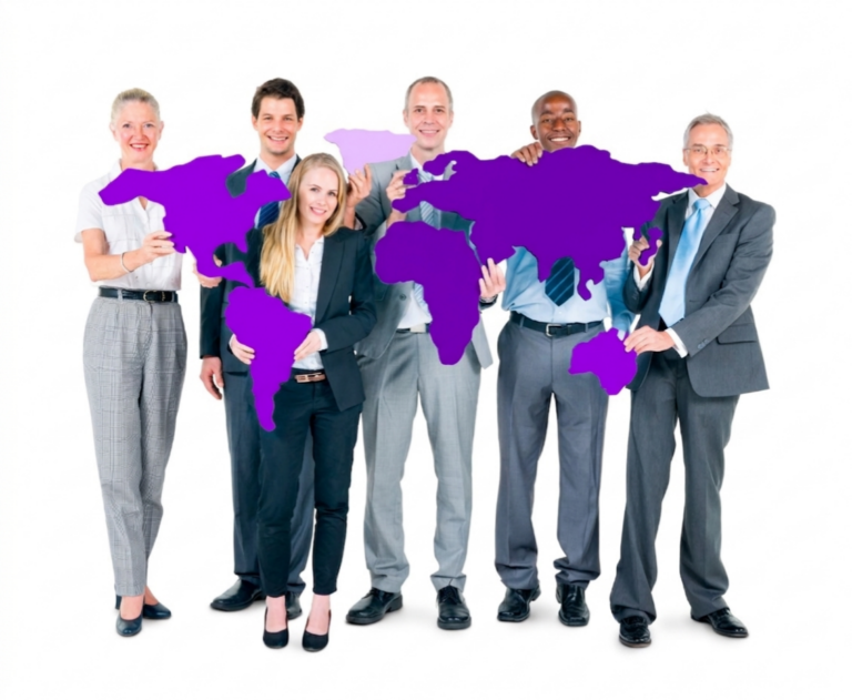 Group of people holding a world map